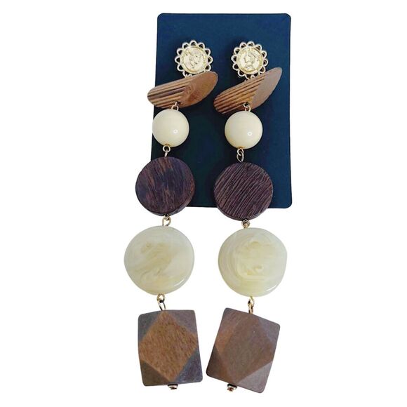 Natural Wood Statement Earrings Geometric Block Dangling Boho - Picture 1 of 4